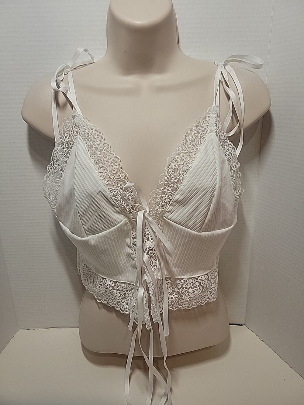 Womens Lace White Tie Blouse Tank Top Corset Type Tie Front Size Large